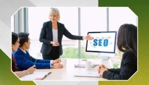 Digital marketing team discussing SEO strategies for Atlanta businesses in an office meeting