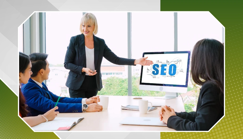 Digital marketing team discussing SEO strategies for Atlanta businesses in an office meeting