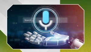 Robotic hand interacting with a digital voice search microphone icon, symbolising AI-powered voice search optimisation.