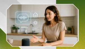 A woman interacts with a smart speaker in her kitchen, using voice commands with virtual AI assistant icons around her.