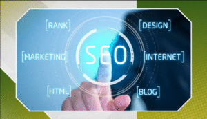 Finger touching a virtual SEO interface with terms like marketing, design, internet, and blog, symbolizing Rankingeek’s pharmaceutical SEO strategies.