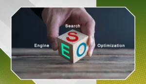 Digital tablet displaying SEO analytics with futuristic icons and search optimization elements