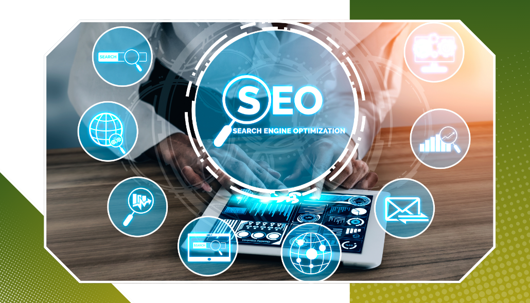 Man sitting at a desk with a laptop and a digital search bar graphic appearing above