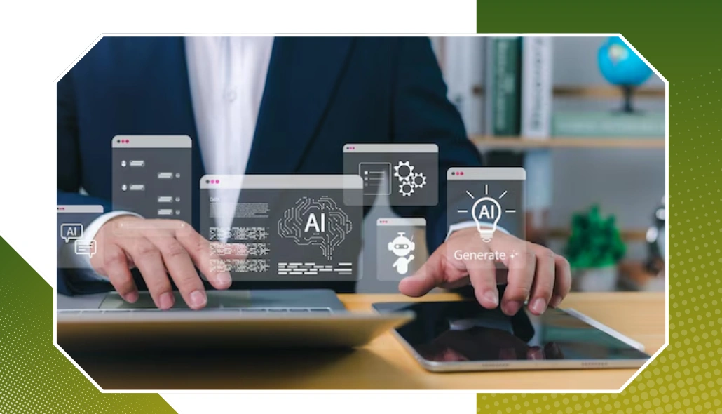 User interacting with a futuristic digital interface displaying circular data visualization and connected network patterns.