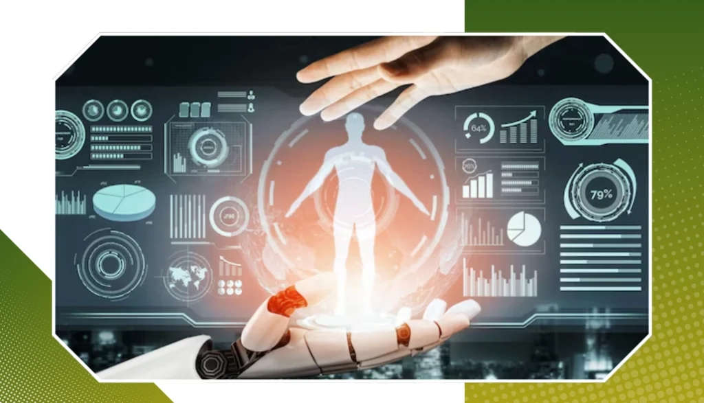 A robotic hand and a human hand protecting a digital human hologram surrounded by performance analytics.