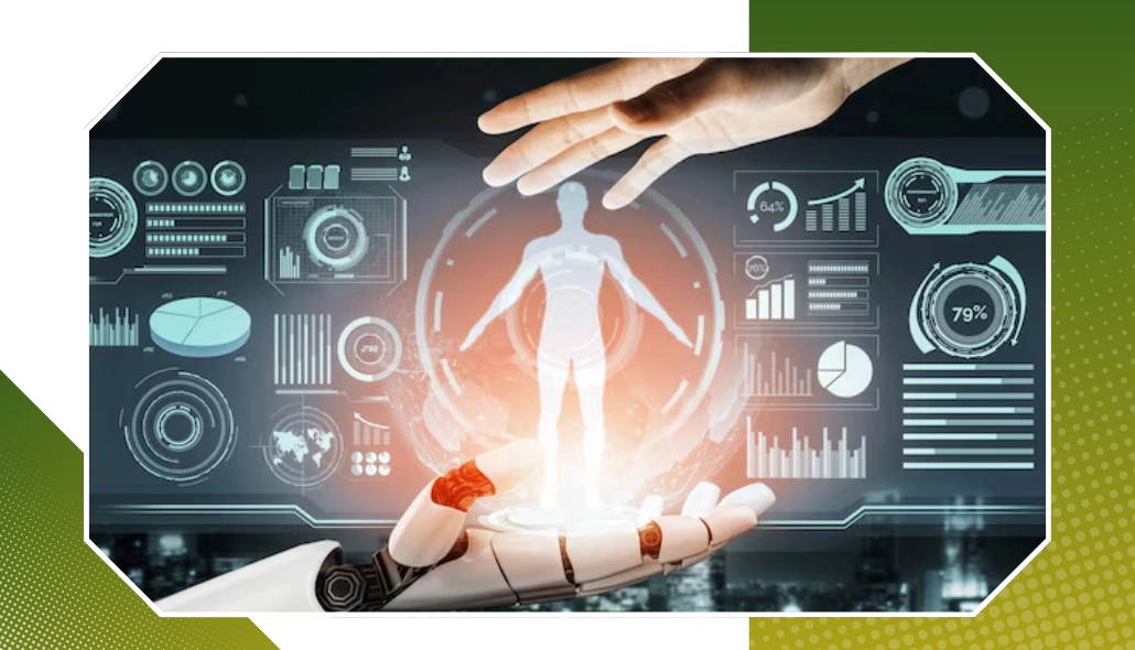 A robotic hand and a human hand protecting a digital human hologram surrounded by performance analytics.