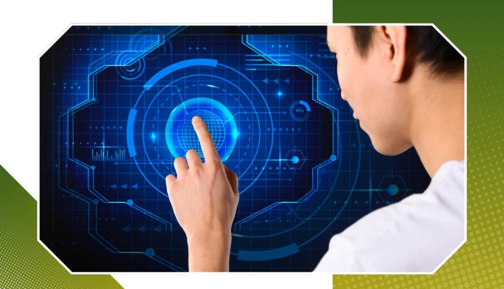 Person working on laptop with holographic AI icons representing algorithms, automation, and content generation.