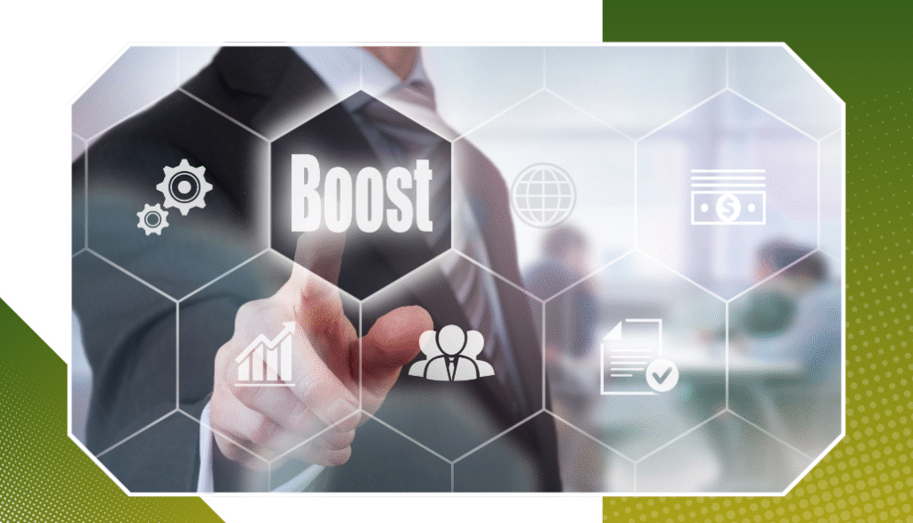 A business professional tapping a digital interface with the word “Boost,” symbolizing improved performance through content updates.