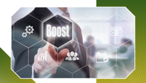 A business professional tapping a digital interface with the word “Boost,” symbolizing improved performance through content updates.