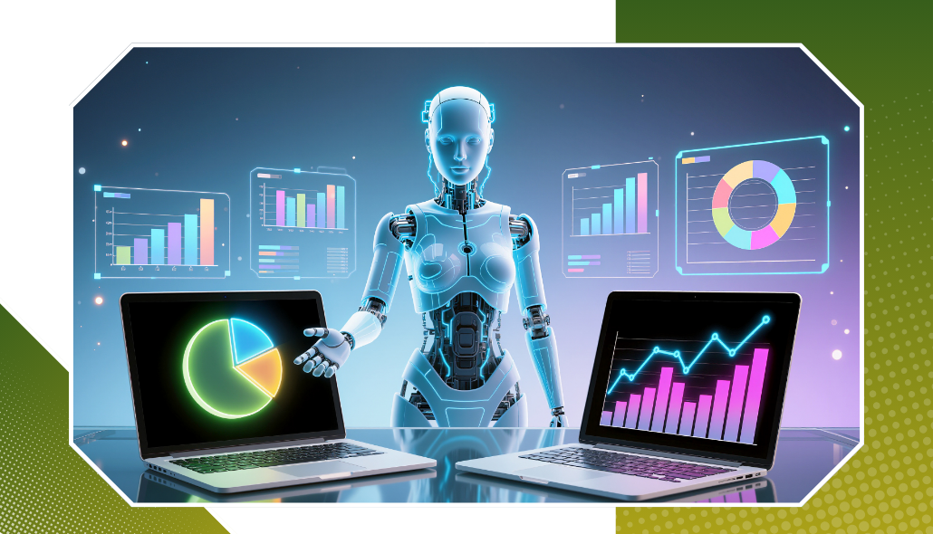 AI robot analyzing digital marketing charts for SEO competitive analysis with laptops and graphs
