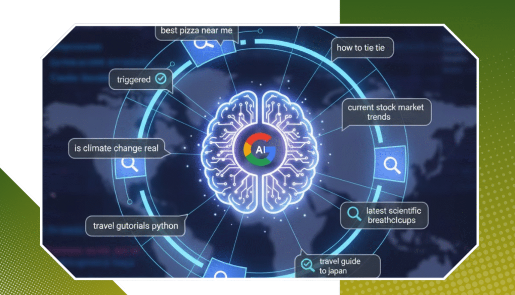 Digital SEO interface with brain-shaped AI graphic and analysts studying data on monitors