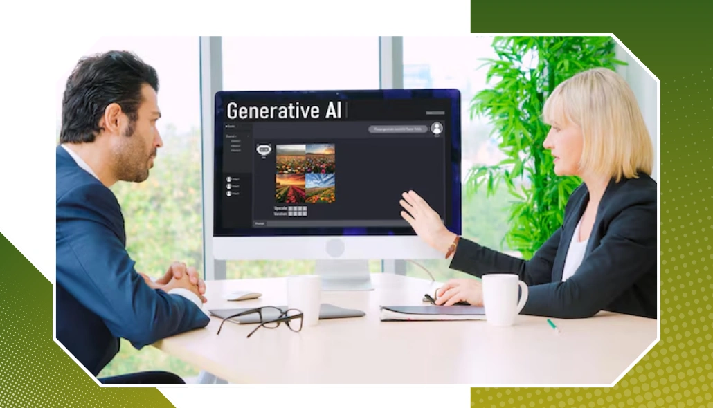 Two professionals discussing AI-generated visuals on a computer labeled Generative AI.
